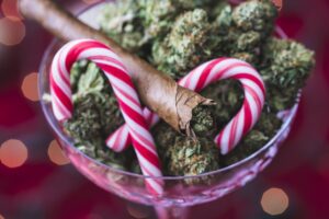A stock photo showing Marijuana in a Christmas/Holiday season setting.